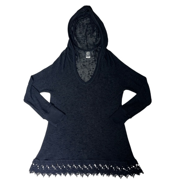 Y2K Bobeau Crochet Embroidered Cutout Lace Hem Knit Hooded Top Black M Goth Cozy - Picture 7 of 14